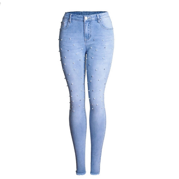 Faux Pearls Detail Skinny Jeans - Picture 2 of 4